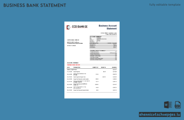 CCEI Bank Geschäftskontoauszug im Word- und PDF-Format – Beispielvorschau